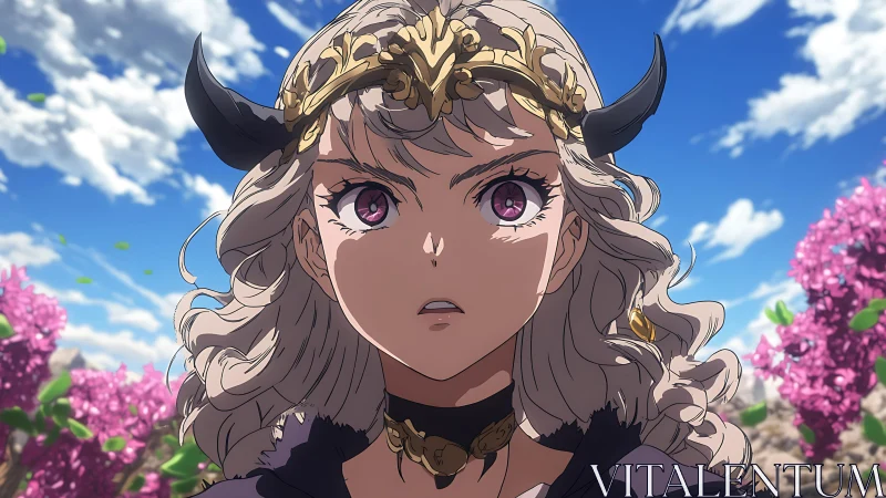 Armored sorceress with horned diadem gazes forward in shallow depth