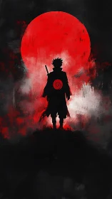 Silhouetted swordsman stands before large red moon