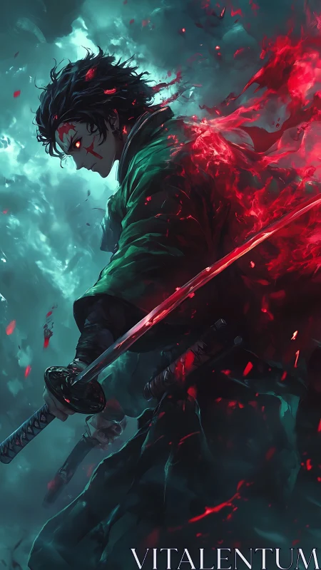 Vengeful anime swordsman ignites crimson power amid storm