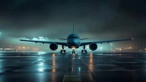 Passenger jet on wet runway under night airport lights.