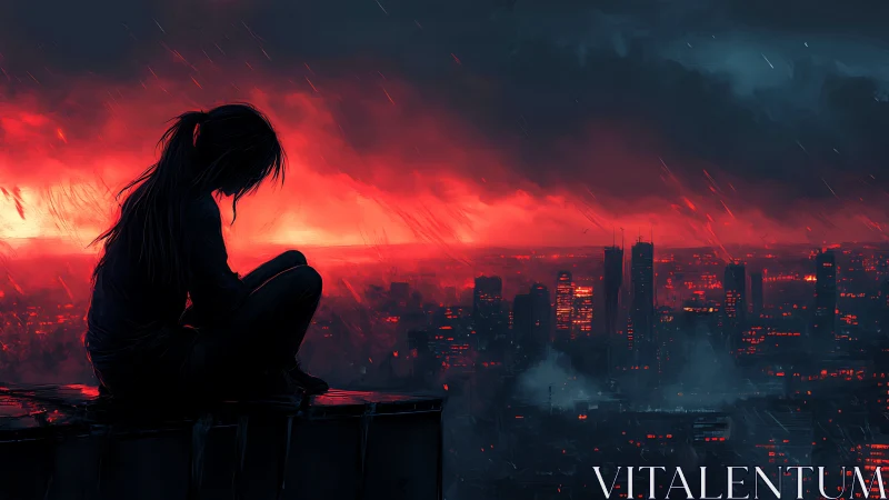 Digital painting of lone figure on rooftop over burning cityscape.