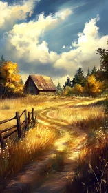 Golden meadow path curling toward a quiet autumn barn.