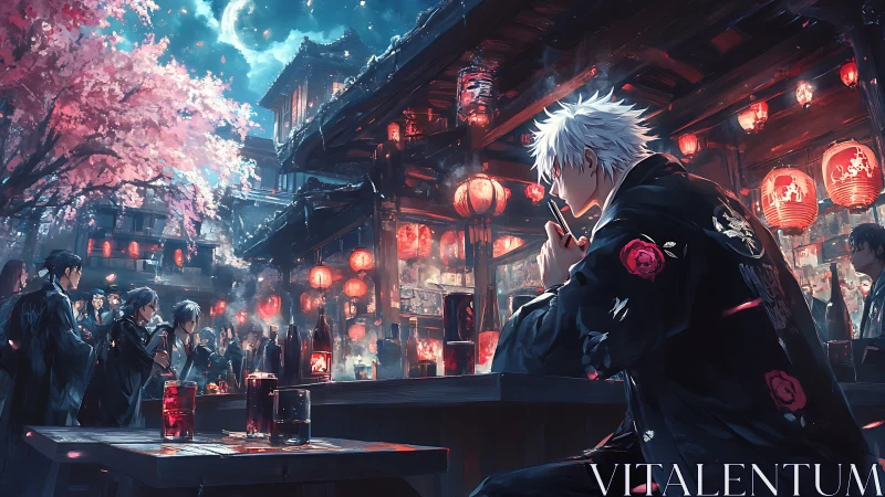 White-haired ronin in neon-lit sakura night festival bar.