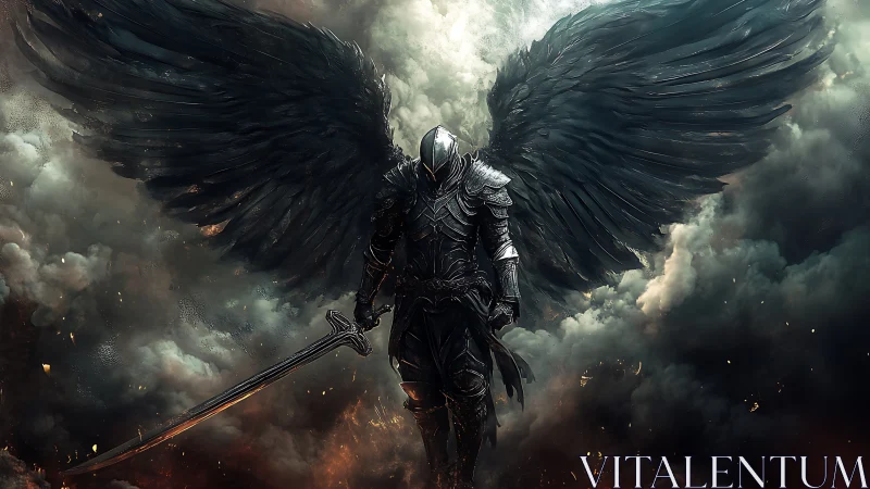 Dark armored angel with black wings stands in burning clouds