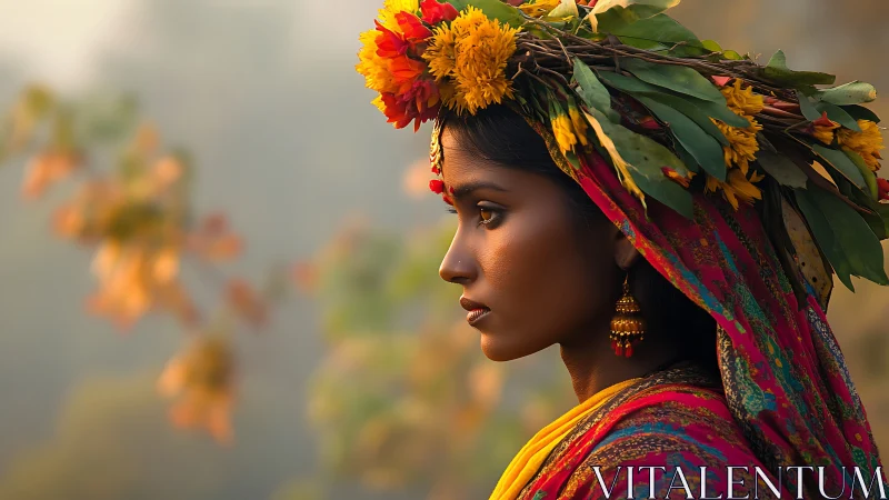 Portrait of Woman in Traditional Dress with Floral Headpiece, Soft Light.