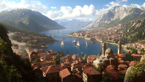 Sunlit terracotta harbor town nestled in alpine fjord bay.
