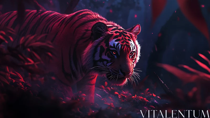 Crimson-lit tiger moves softly through a mysterious night forest