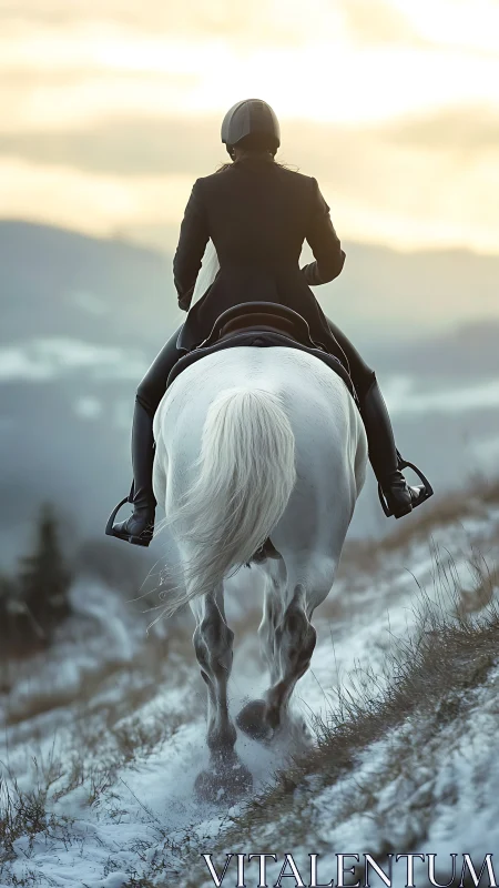 Snow-muted hills listen as rider and white horse depart