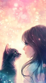 Girl and cat share a dreamy gaze in pastel sparkle light