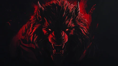 Snarling demonic wolf erupts from blood red darkness