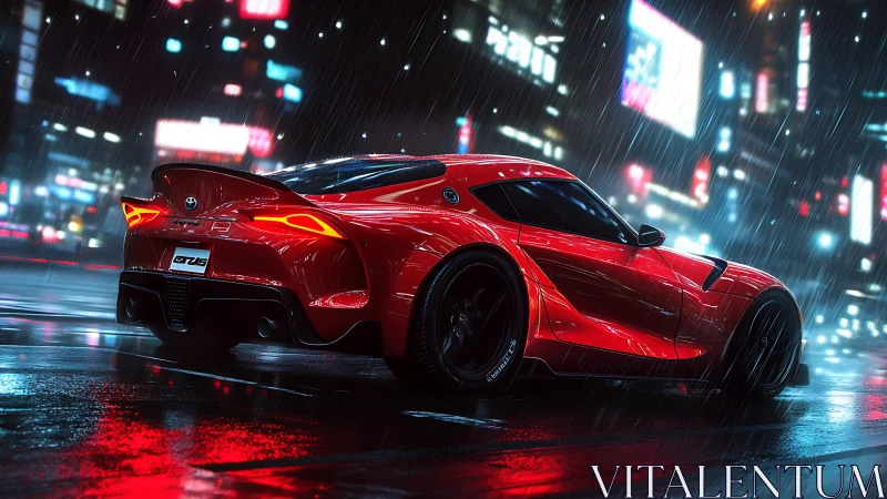 Red sports car slices through neon soaked city rain at night