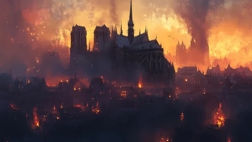 Medieval Cathedral Engulfed in Flames and Smoke