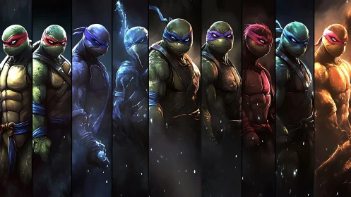 Brooding ninja turtles lineup in cinematic neon shadows.