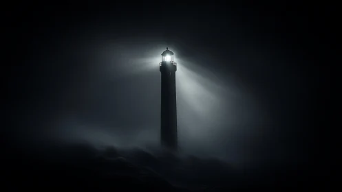 Solitary lighthouse beacon cutting through nocturnal fog.