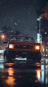 Red pickup truck drives through rainy city street at night
