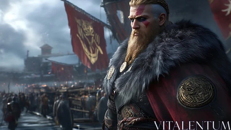 Viking leader in fur cloak before assembled longship fleet.