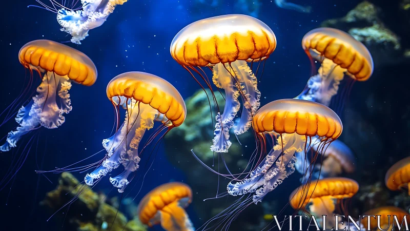 Glowing amber jellyfish drifting through deep blue waters.