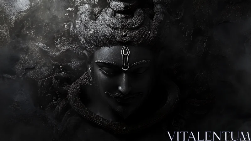 Dark stone deity portrait emerges through swirling shadows.