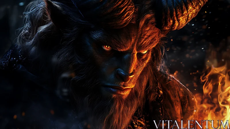 Infernal horned demon portrait in dramatic firelight.