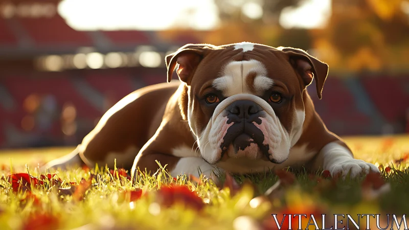 Brown and white bulldog lying on grass in autumn light.