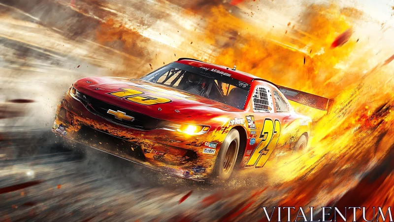 High-speed stock car drifts through fire, motion-blurred debris field