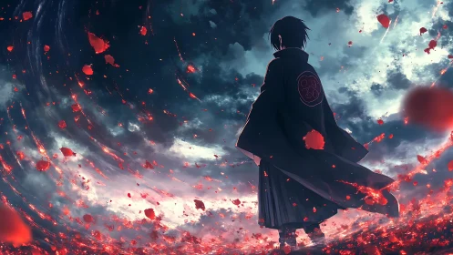 Storm-lit wanderer amid swirling crimson embers.