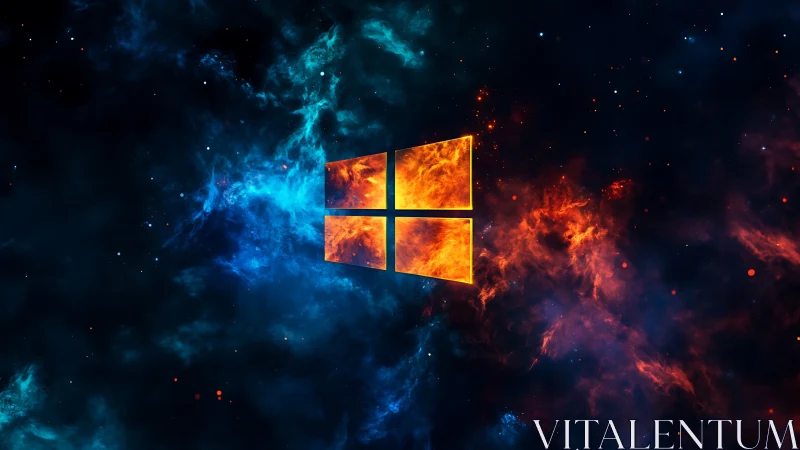 Windows-like quad logo with fiery nebula background is shown