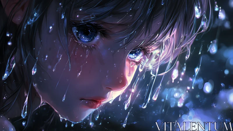 Close-up profile of wet-eyed character under falling droplets