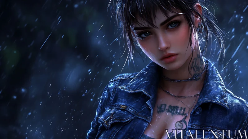 Tattooed woman in rain wearing wet denim jacket at night.