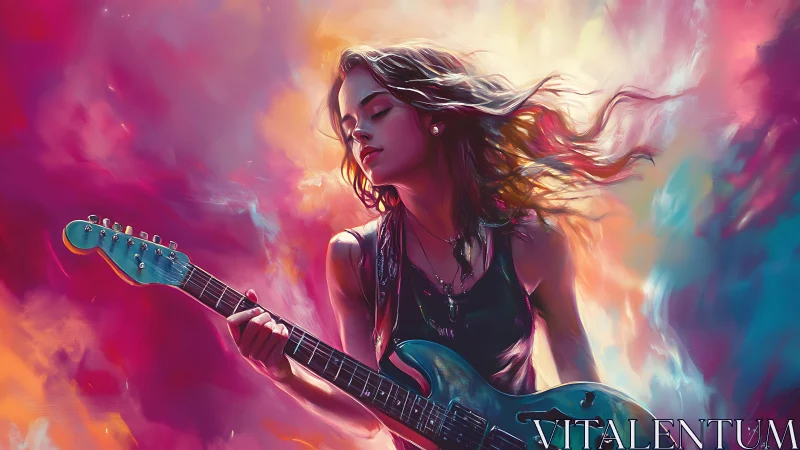 Digital painting shows woman playing electric guitar mid-frame