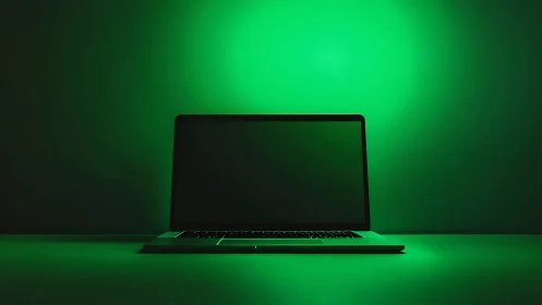 Closed laptop with dark screen sits under uniform green light