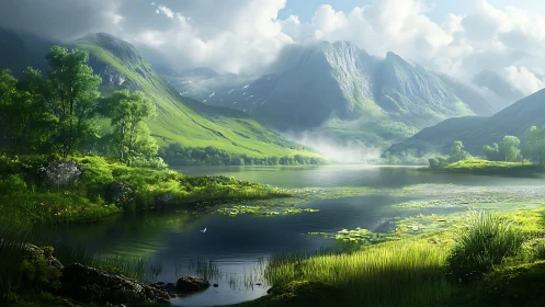 Sunlit alpine lake mirrors emerald mountains and clouds.