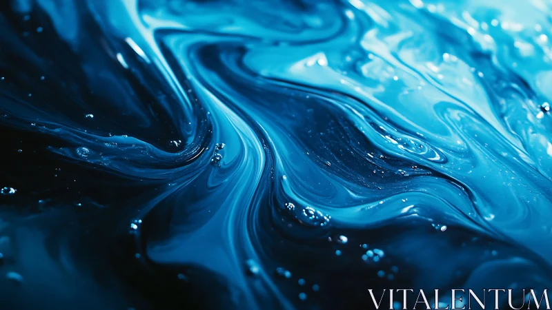 Blue liquid surface with flowing swirls and air bubbles.