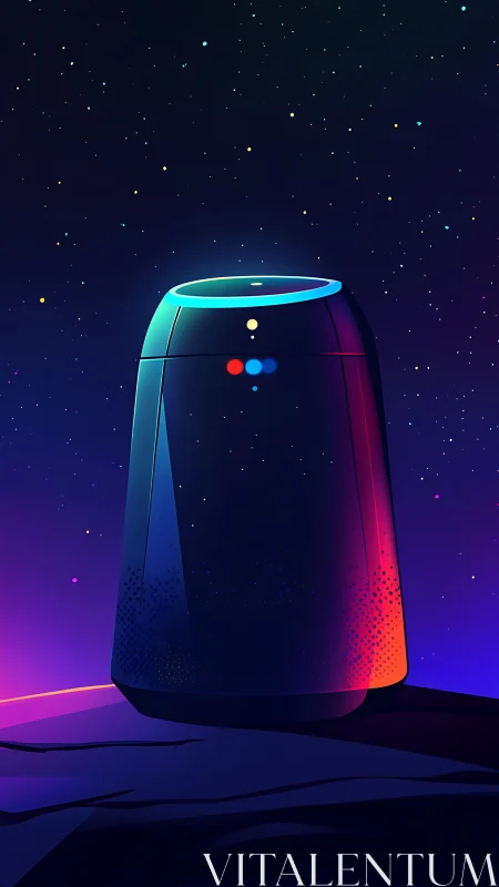 Stylized smart speaker device stands under a star field