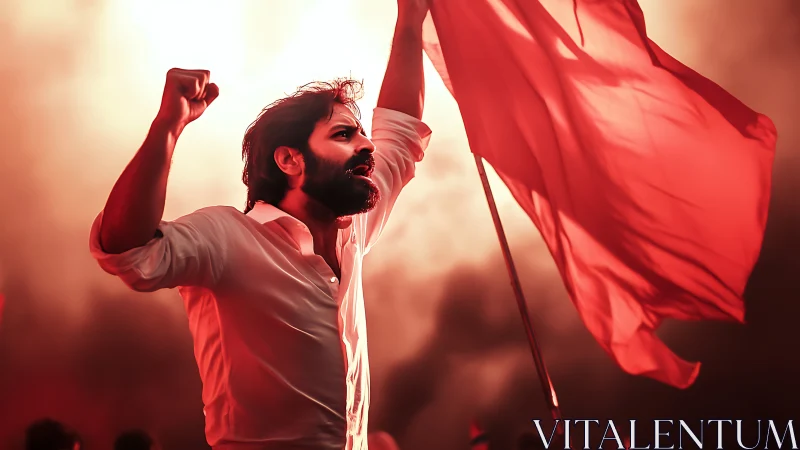 Man raises clenched fist beside red flag under dramatic light