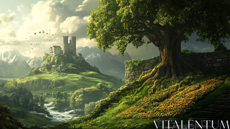 Luminous valley citadel and monumental tree in dynamic light.