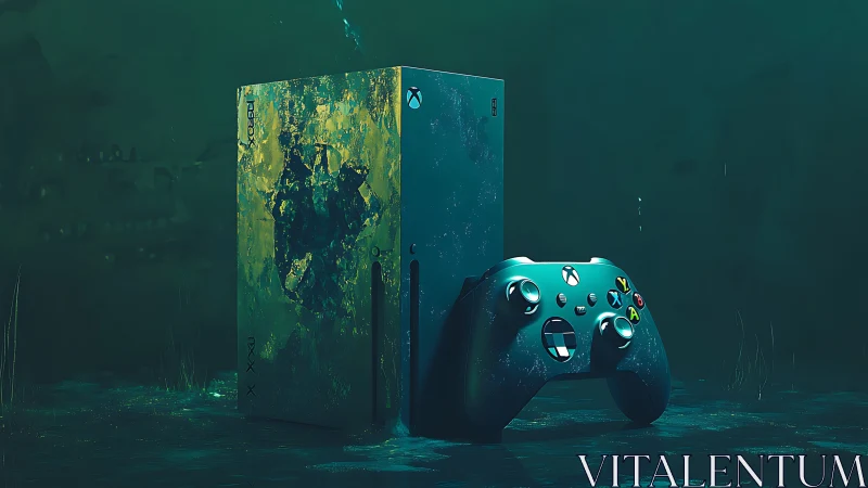 Immersive teal Xbox console and controller in moody glow.