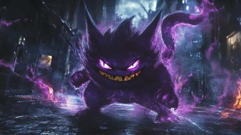 Playful purple ghost creature glowing with neon fire.