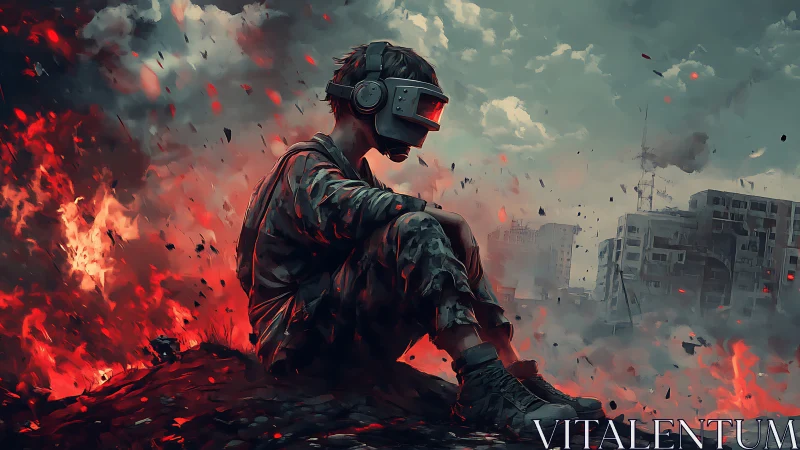 Solitary gamer resting amid a storm of digital chaos.