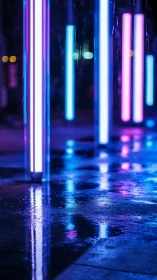 Vertical neon light pillars reflect across wet urban pavement
