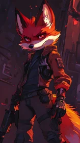 Renegade vulpine ranger stalks ember-lit cyber alleyways.