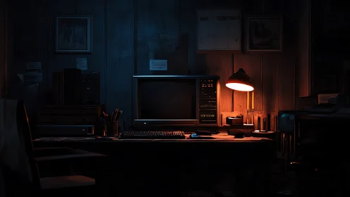 Moody retro computer desk glows softly in a quiet office
