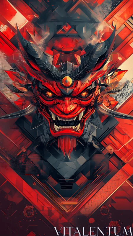 Symmetrical demonic mask rendered in angular geometric red forms