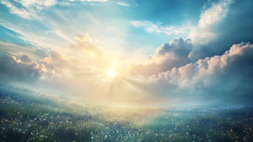 Sunlit meadow under stratocumulus and cirrus cloud layers.