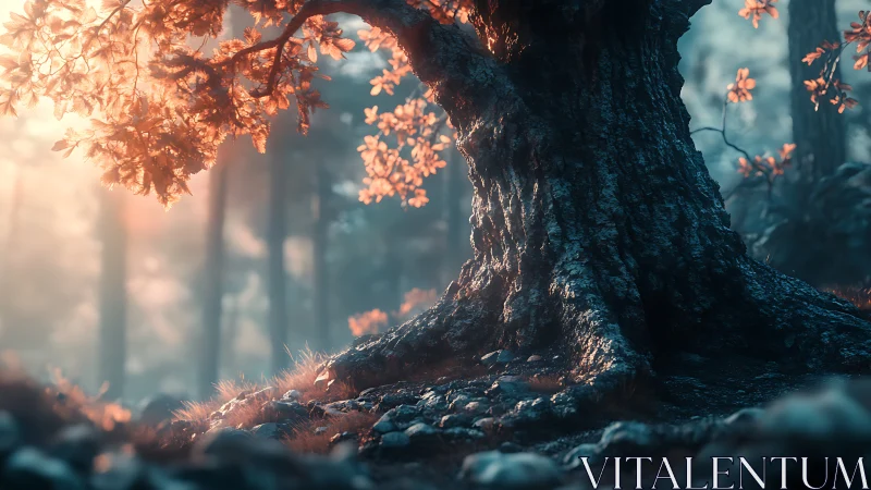 Ancient Tree in Golden Hour Light: Luminous Nature Study.