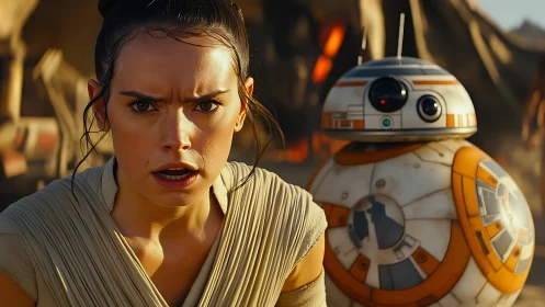 Woman with spherical droid stands in harsh desert sunlight