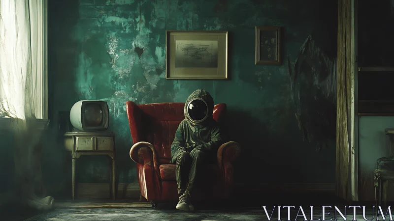 Surrealist astronaut in decayed interior, cinematic framing.
