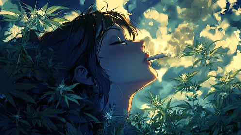 Anime girl smoking among glowing cannabis plants at dusk.
