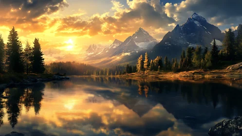 Golden mountain lake at sunrise with calm mirrored reflections.