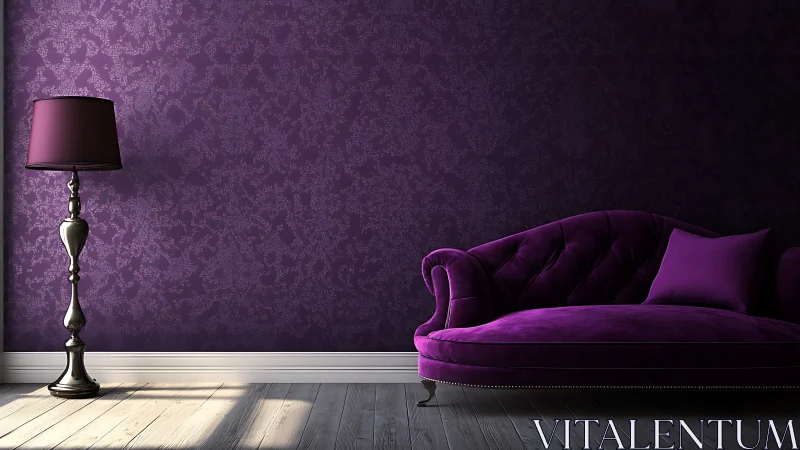 Velvet chaise lounge and floor lamp define monochrome purple interior